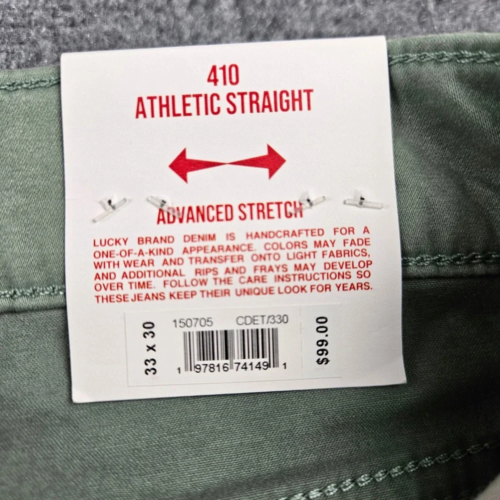 $99 Lucky Brand 410 Athletic Straight Pants Mens 33x30  Green Advanced Stretch